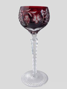 Vintage Anna Hutte Deep Red Cut to Clear Crystal Wine Hock Goblet Glass 50s 60s